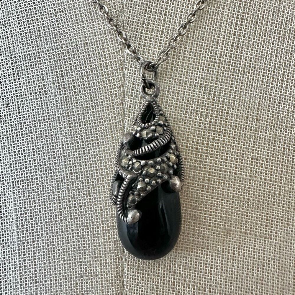 Vintage Sterling Silver & Marcasite Pendant Necklace with Black Onyx Drop
